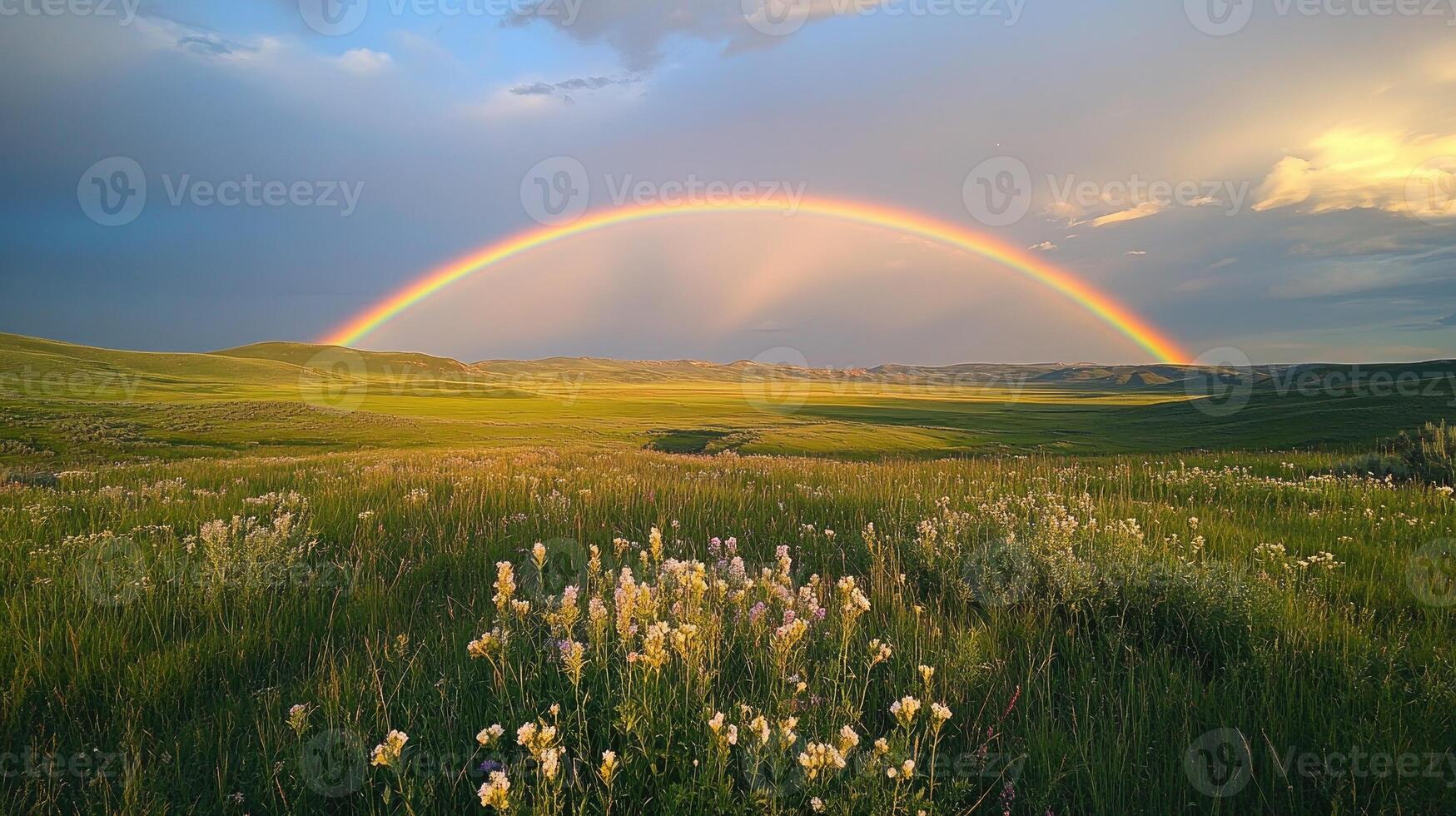 Double rainbow forming over lush green meadow and mountains photo