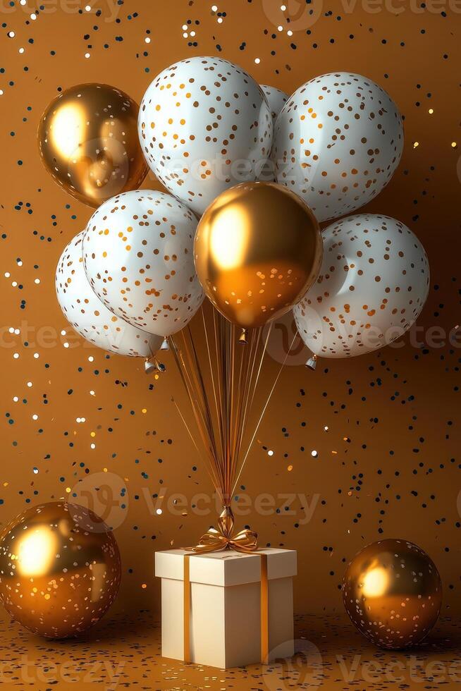 Bunch of gold and white balloons floating with a gift on a yellow background with falling confetti photo