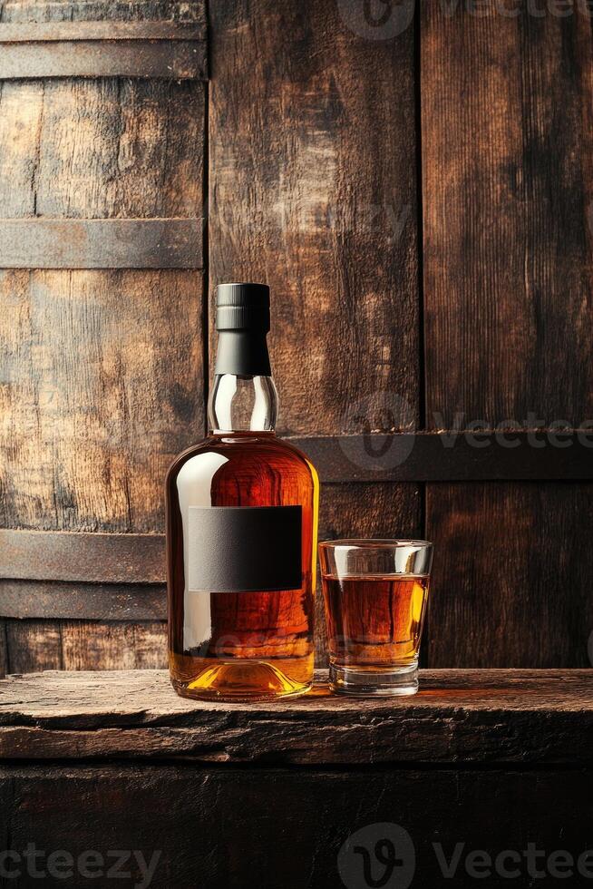 Bottle and glass of whiskey standing on a wooden barrel photo