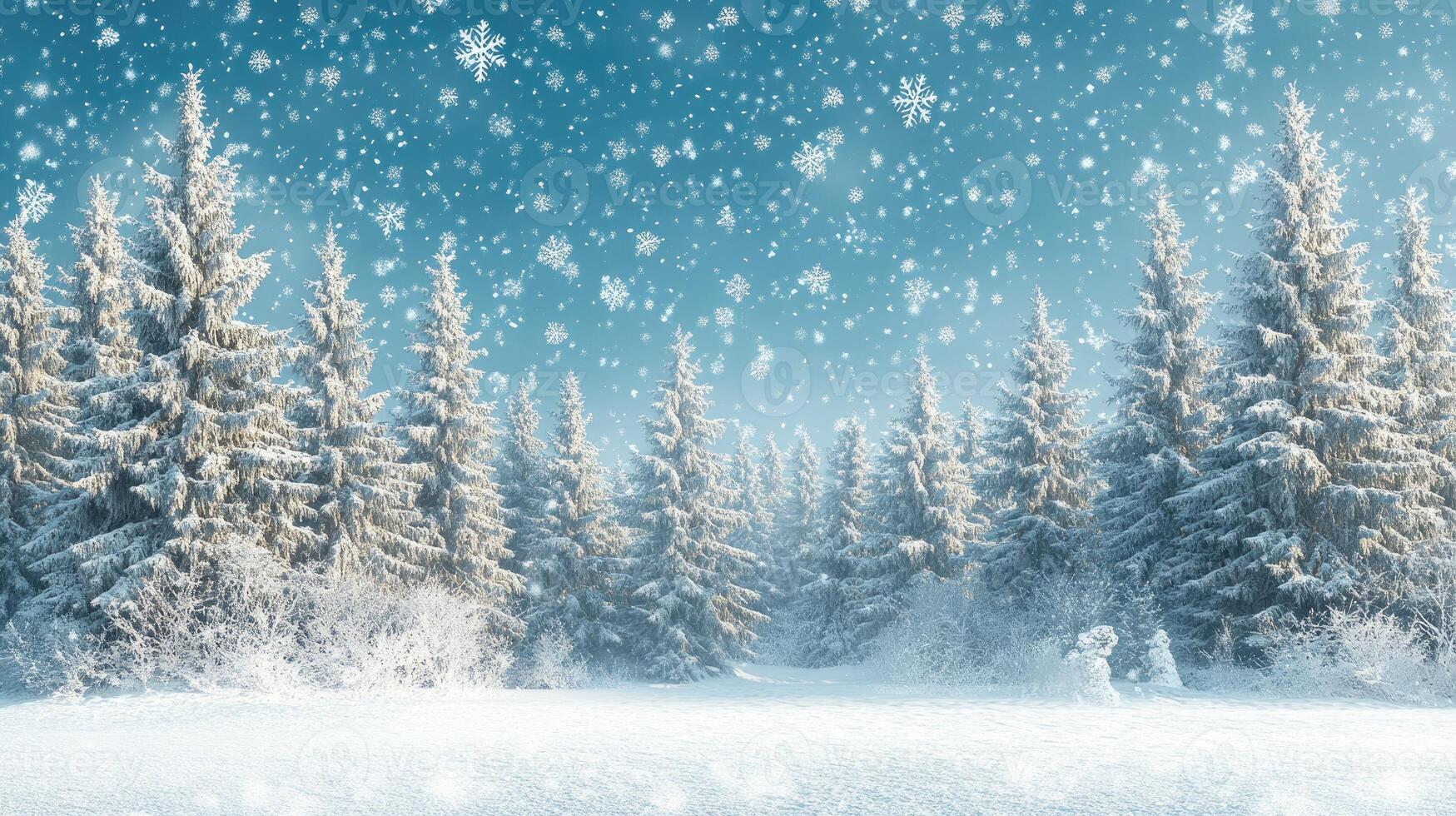 Snow falling on beautiful coniferous trees in winter forest photo
