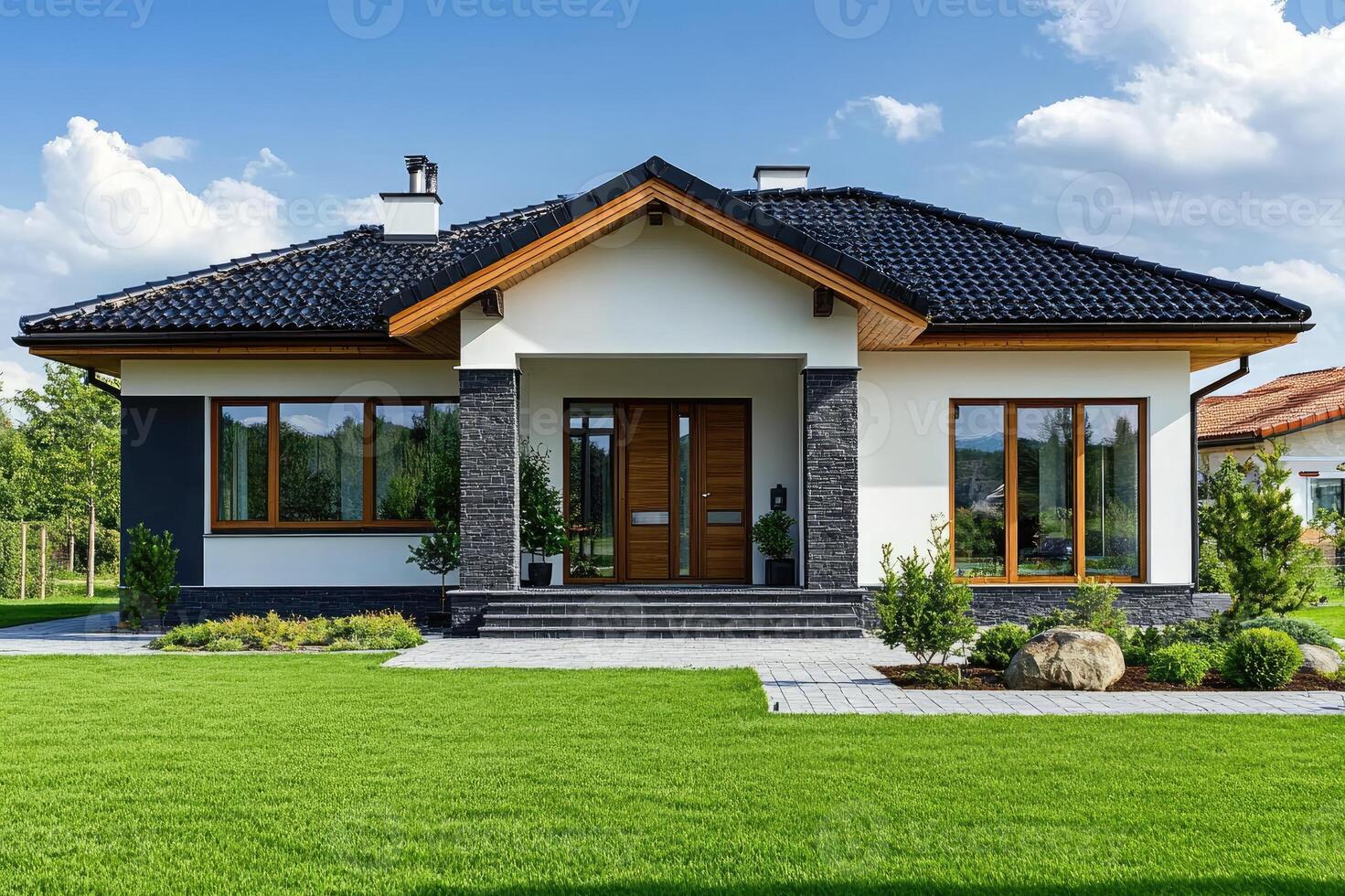 Beautiful modern house with a lush green lawn on a sunny day photo