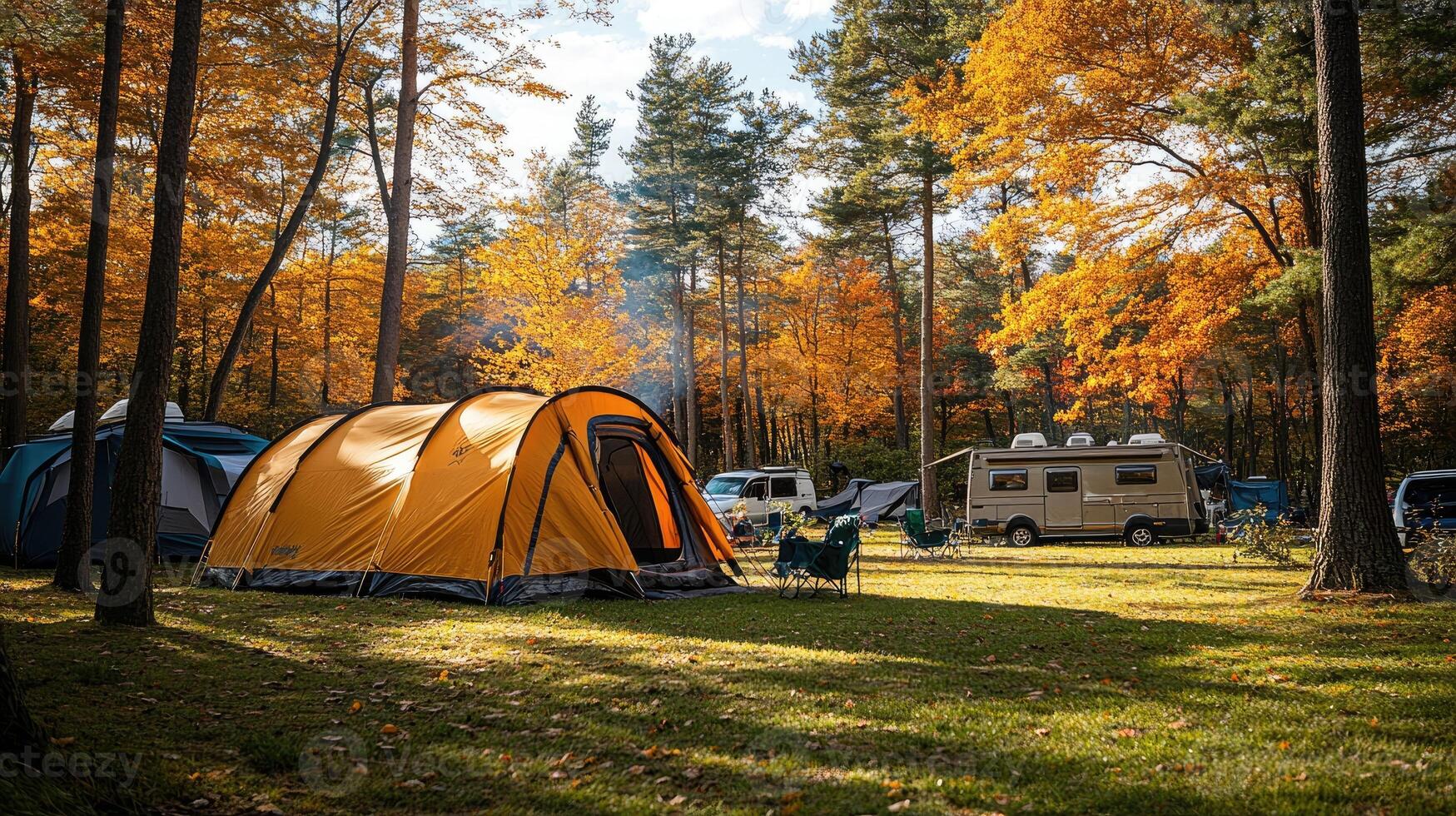 Tourists camping with tent and camper van enjoying camping trip in the forest photo