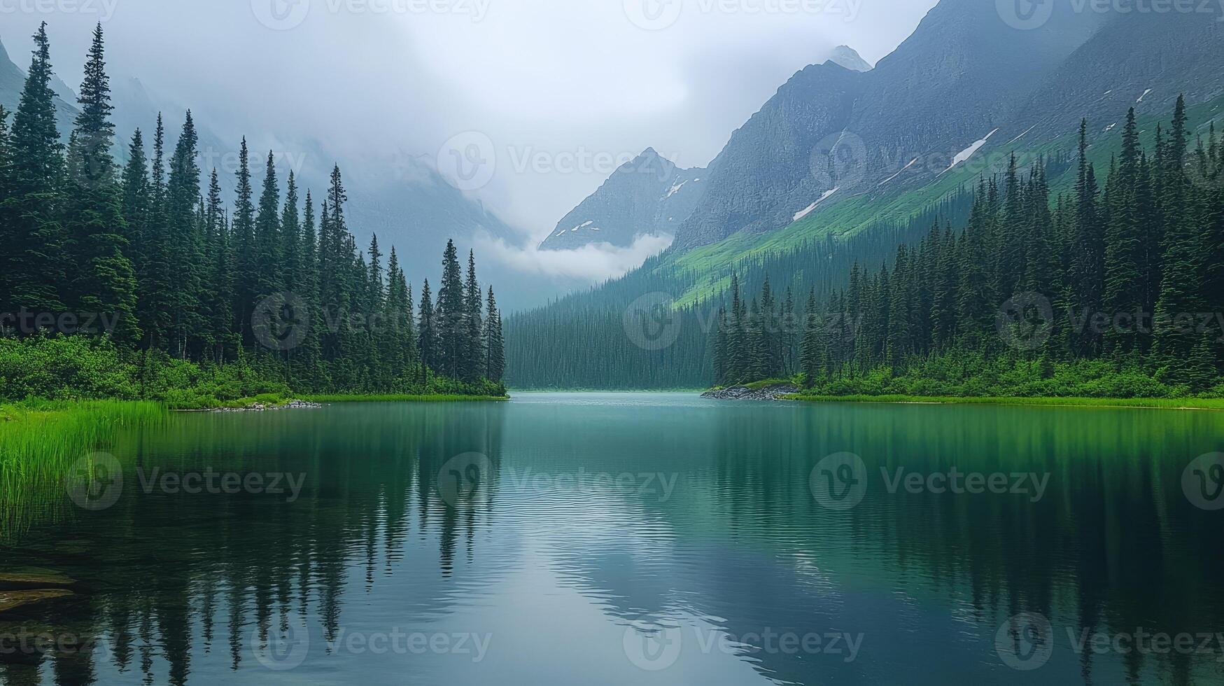 Scenic view of emerald lake surrounded by mountains and pine trees photo