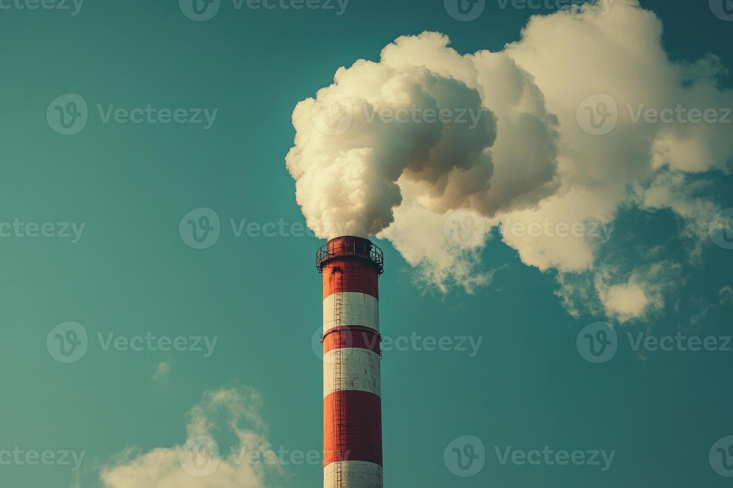 Industrial chimney emitting smoke into the atmosphere on blue sky photo