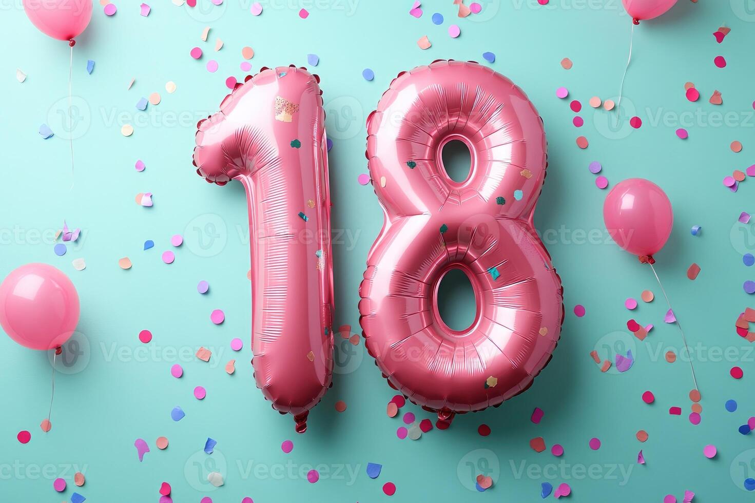 Number eighteen made of inflatable balloons on turquoise background photo