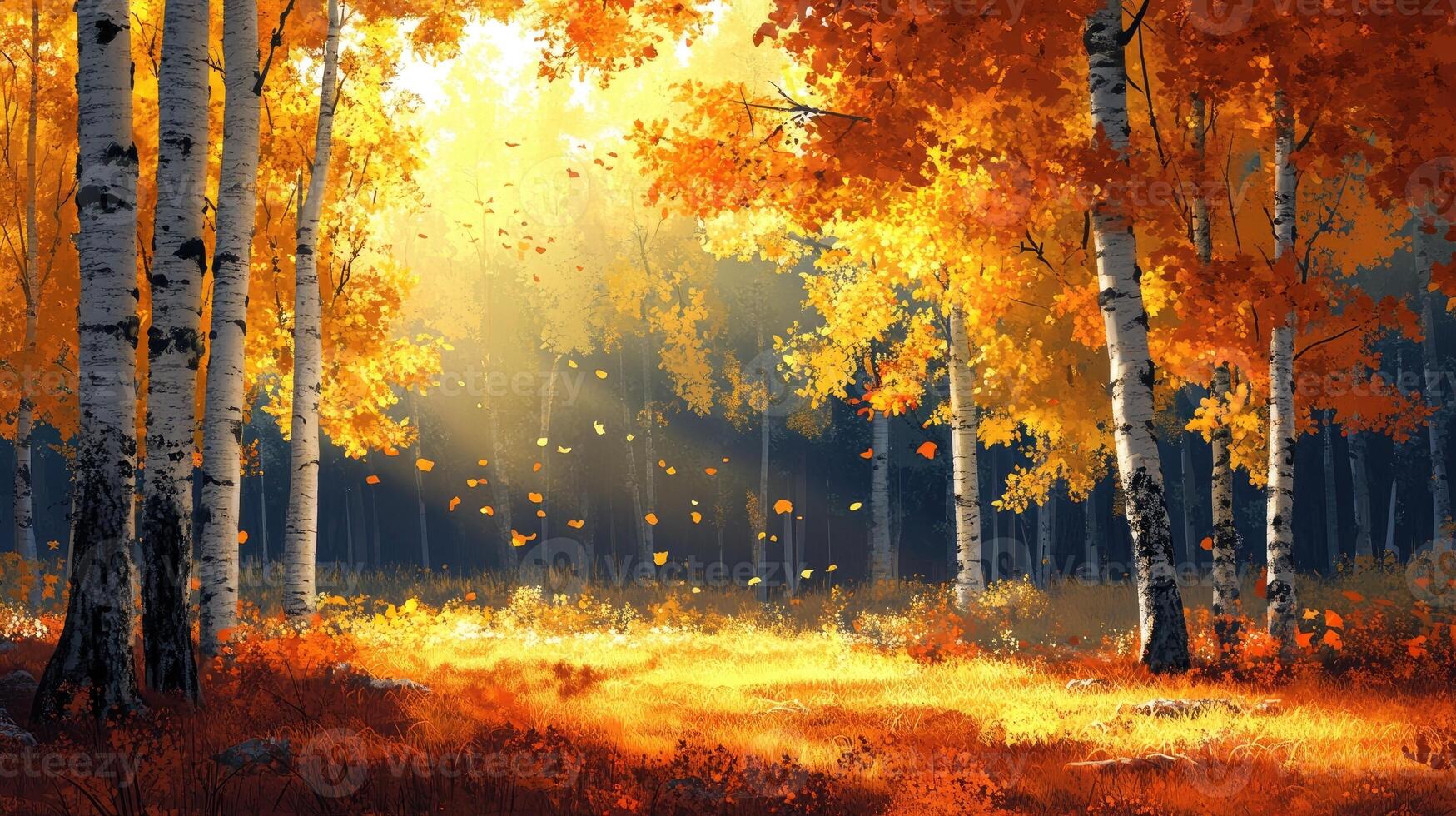 Beautiful forest path is covered with red leaves in this autumn scene photo