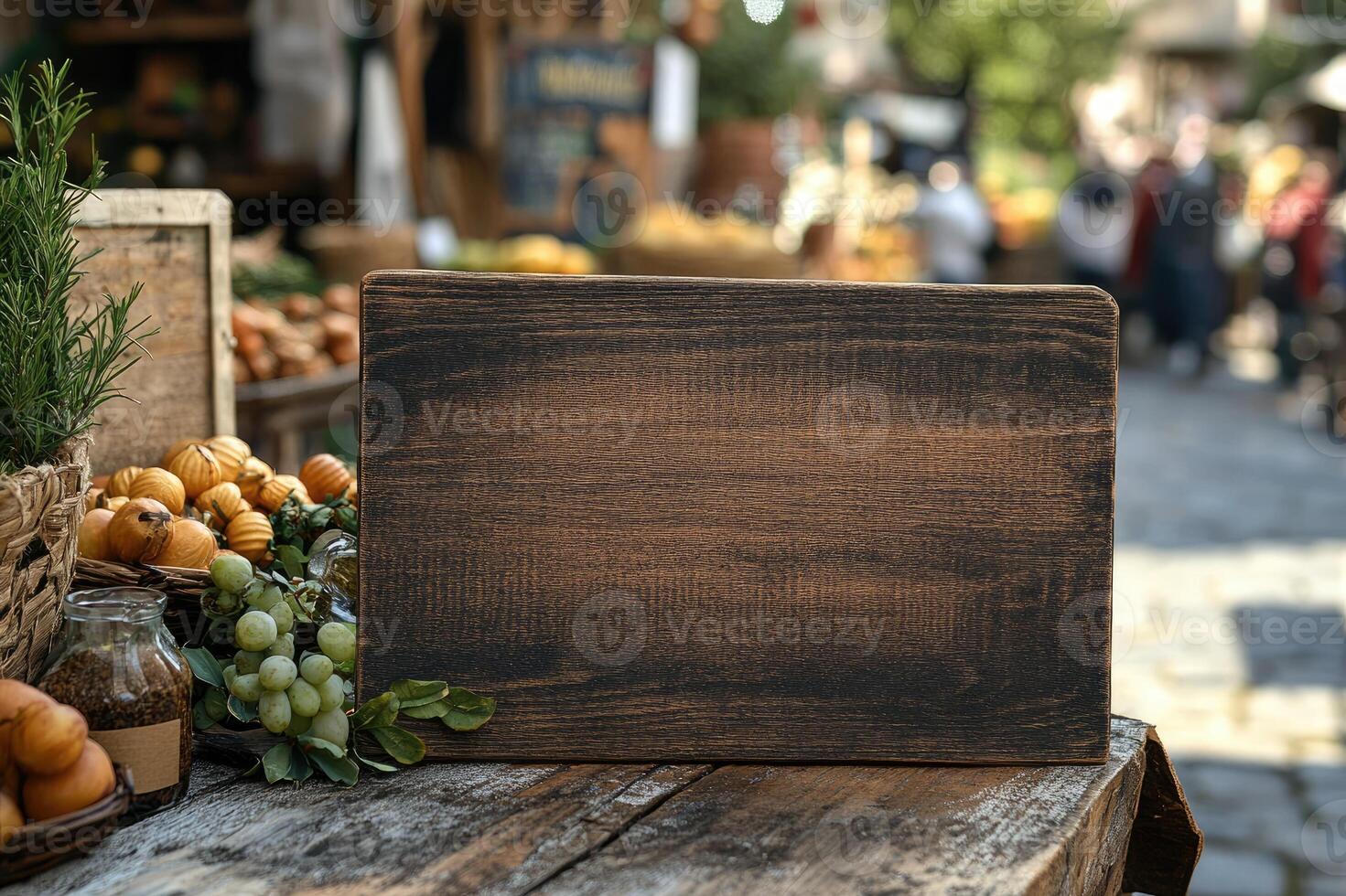 Empty wooden sign displaying on farmers market with blurry customers in background photo