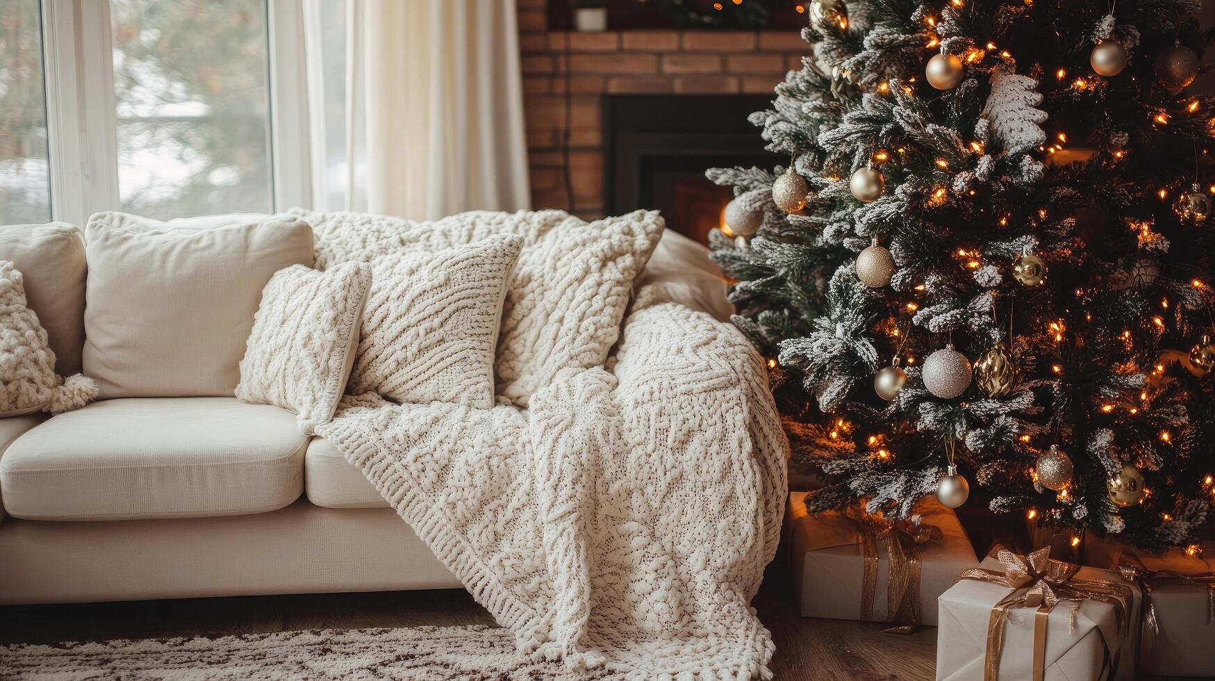 Warm knitted plaid lying on sofa near christmas tree with lights photo