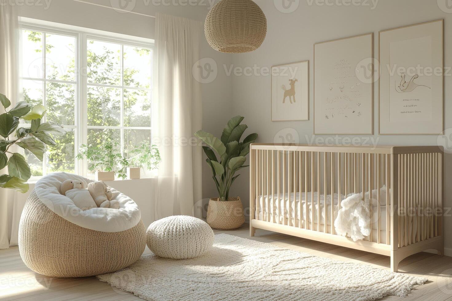 Modern minimalist nursery interior with sunlight shining through window photo