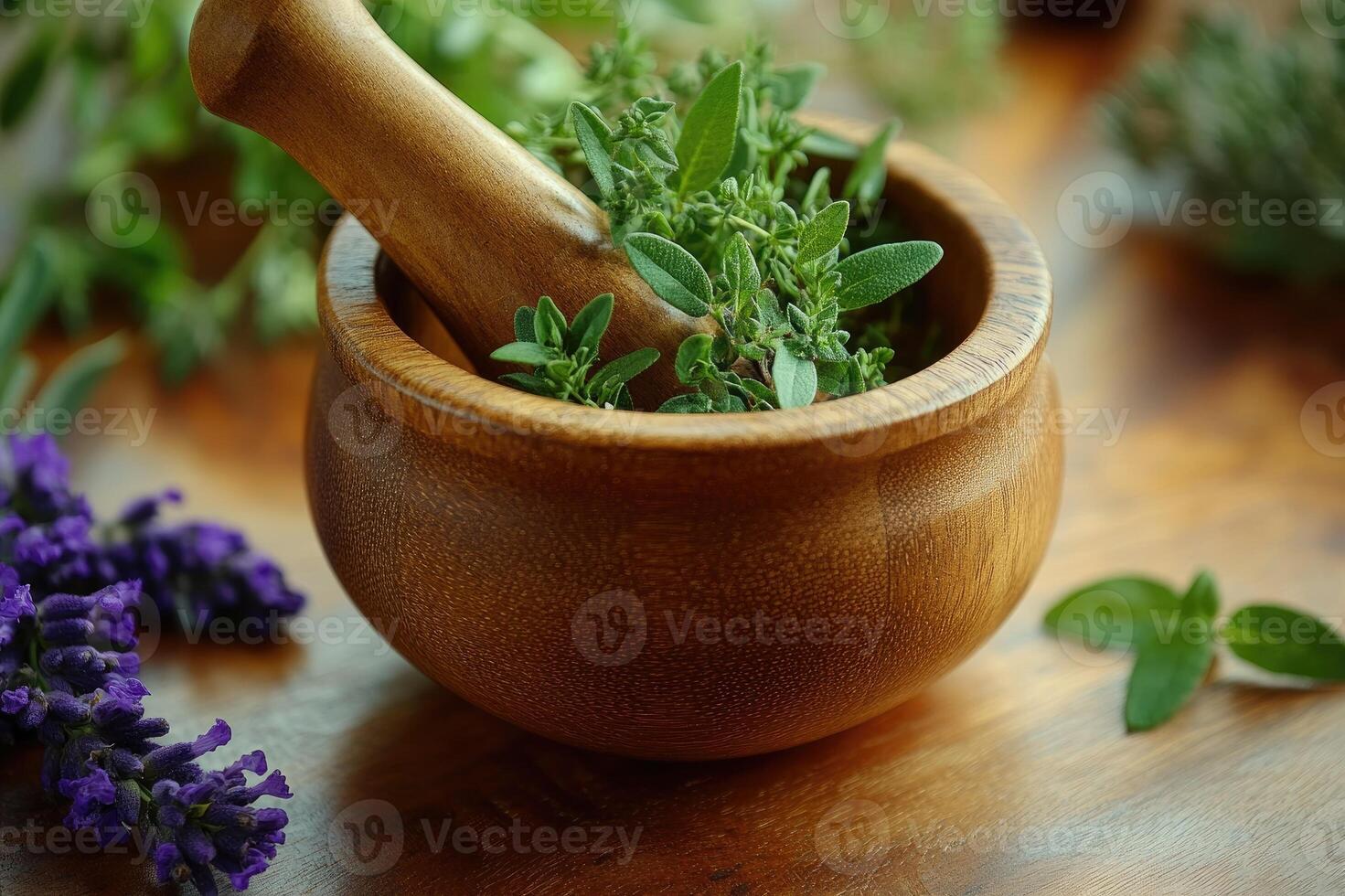 Wooden mortar and pestle crushing fresh herbs on table photo