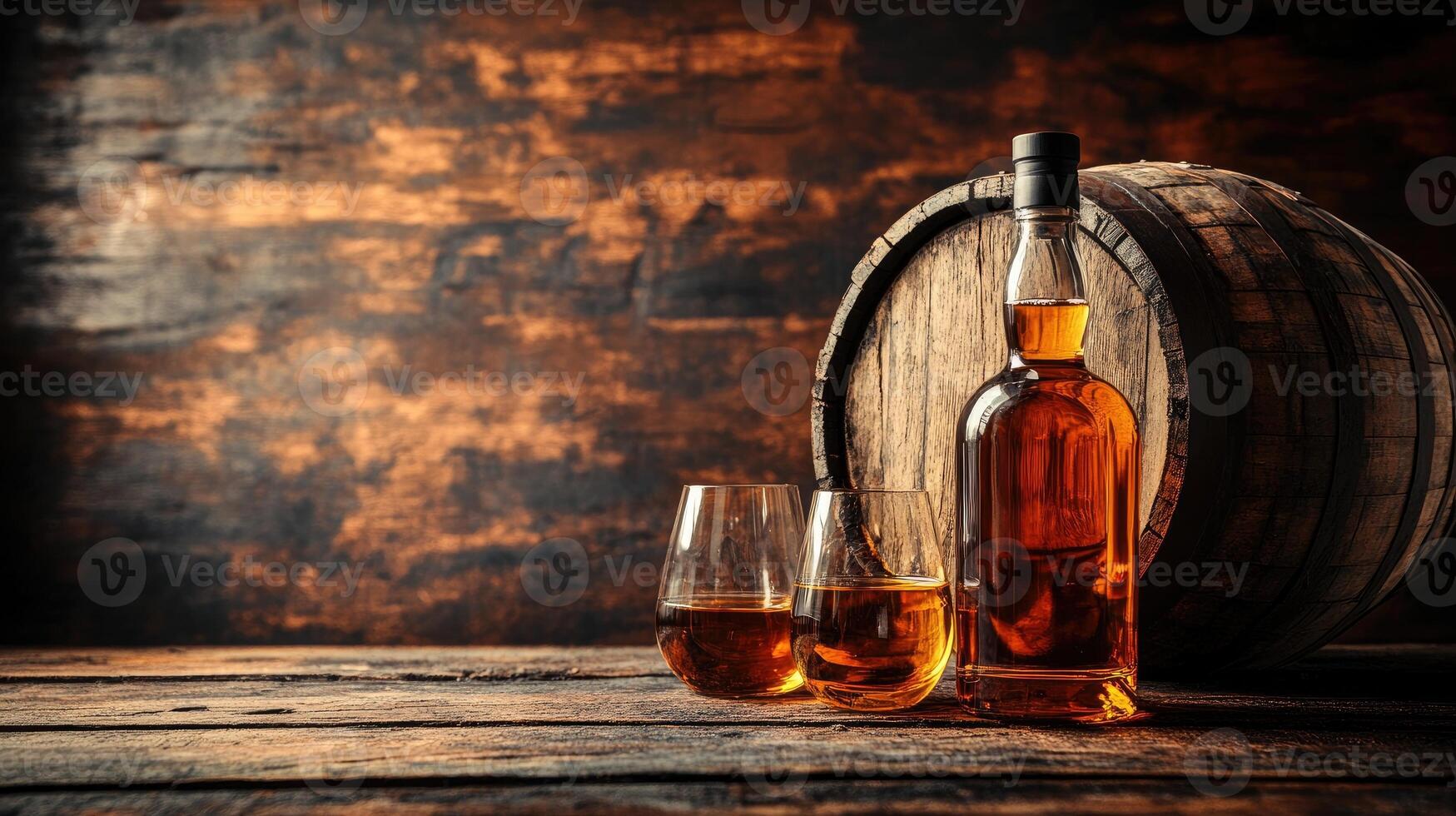 Glass and bottle of whiskey standing on table near oak barrel photo