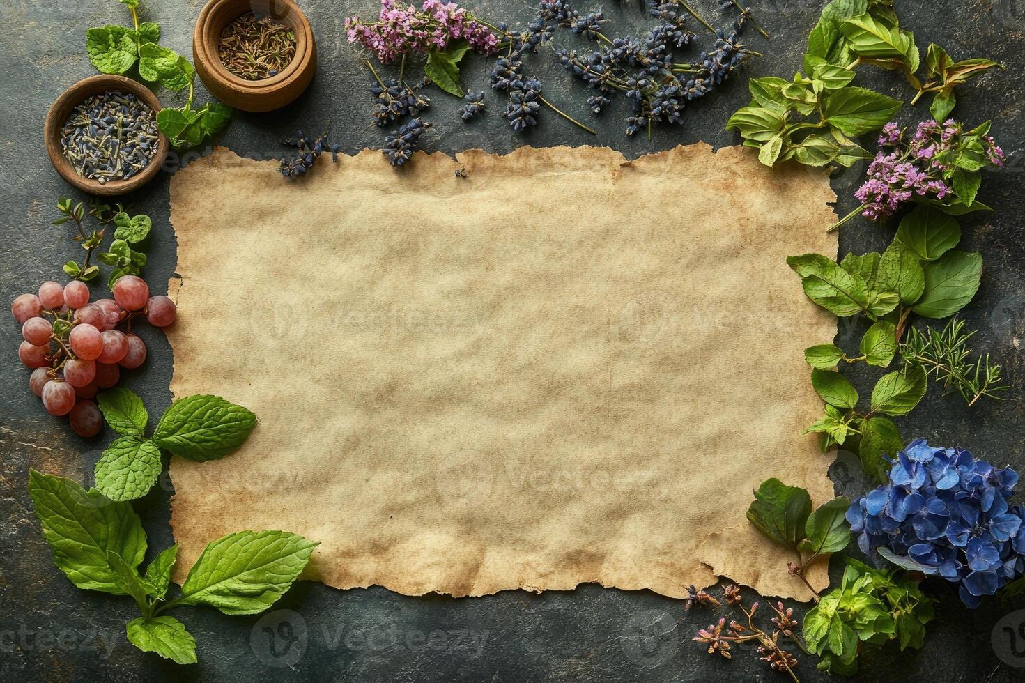 Old parchment paper surrounded by flowers and leaves creating a natural frame photo