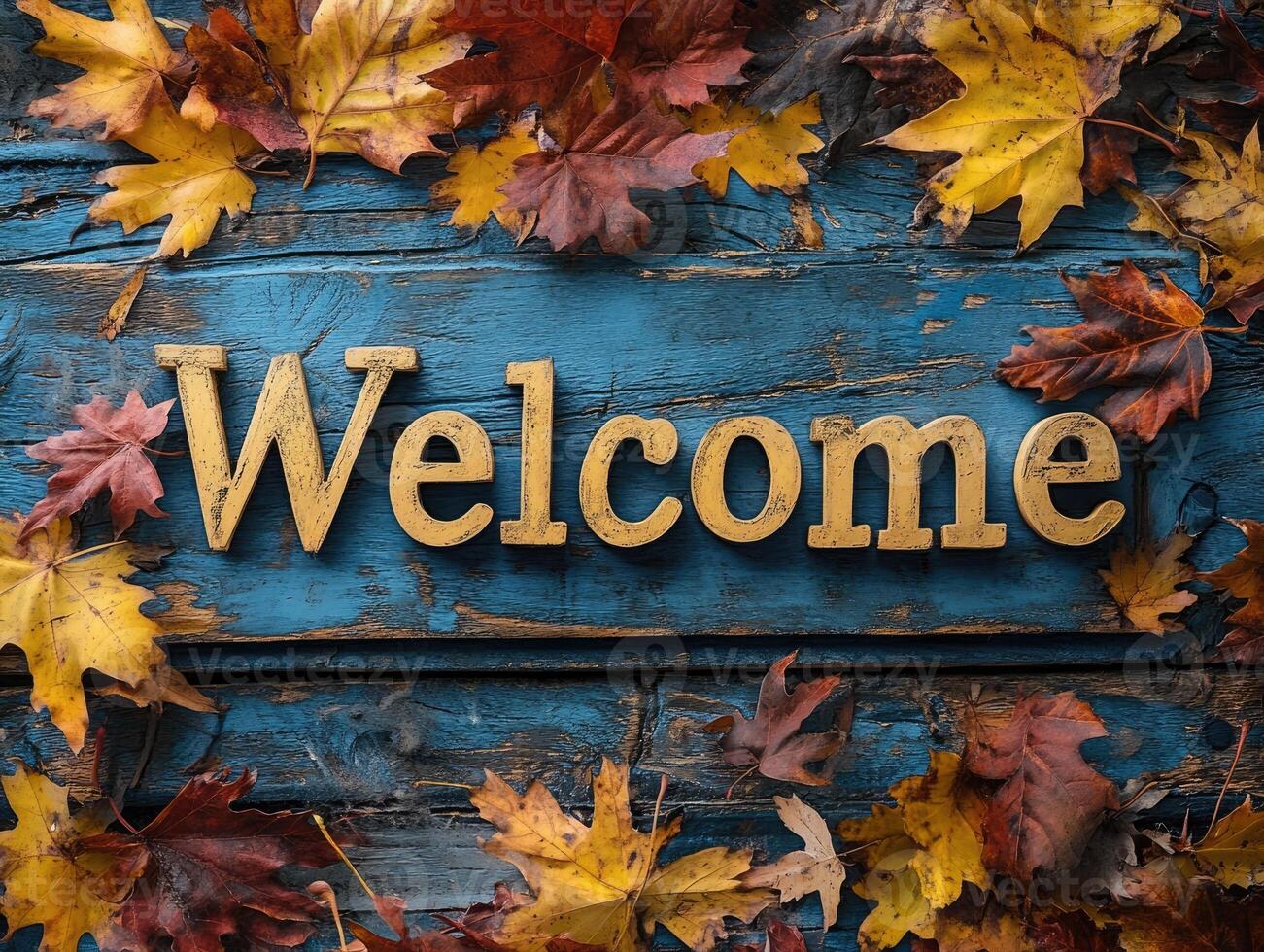 Welcome sign with colorful autumn leaves on blue rustic wood background photo