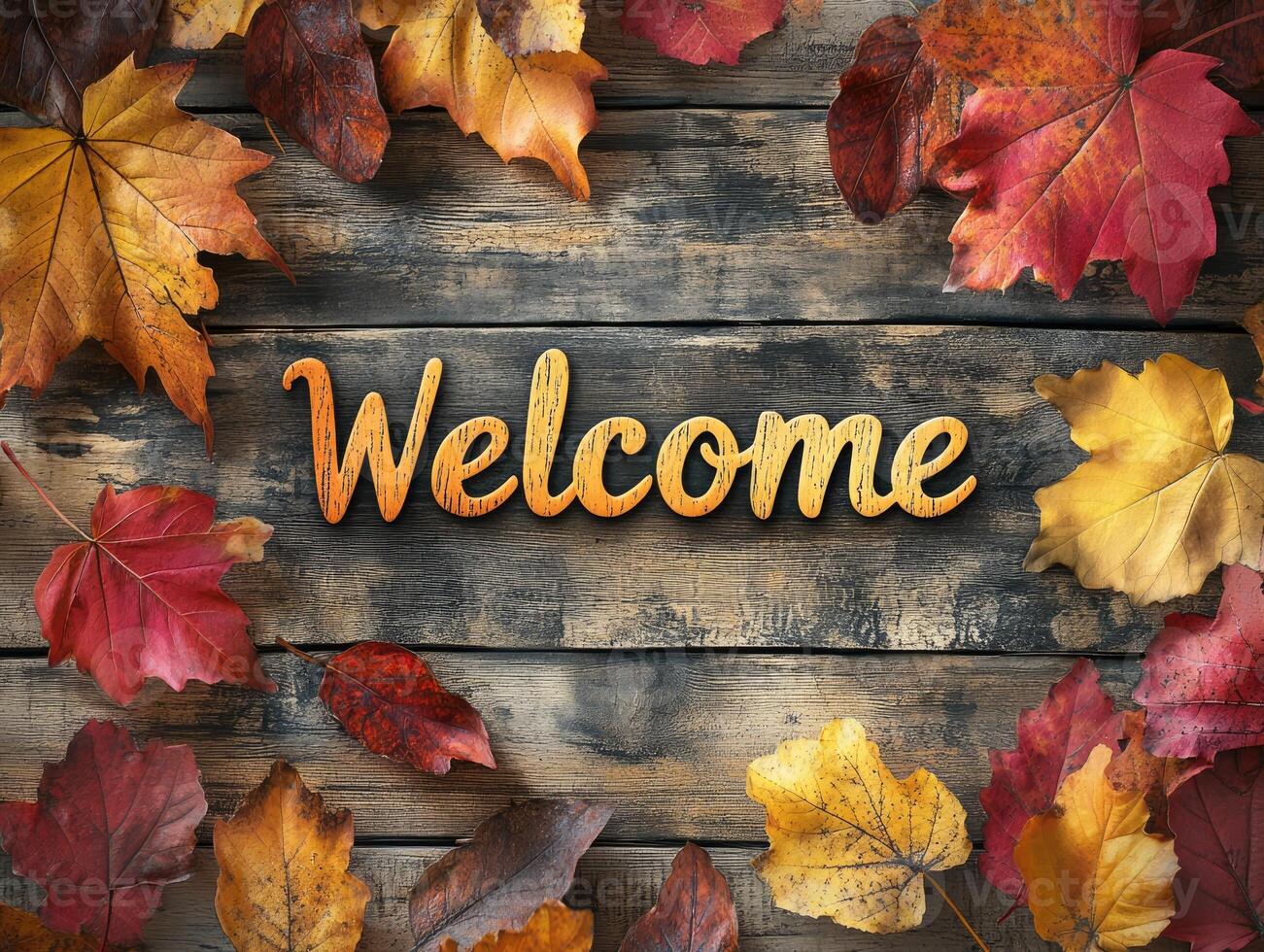 Welcome sign on rustic wooden background with autumn leaves decoration photo