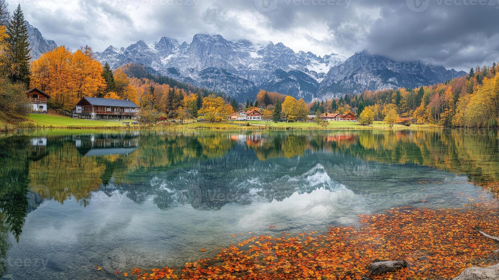 Beautiful autumn landscape reflecting in tranquil lake surrounded by mountains photo