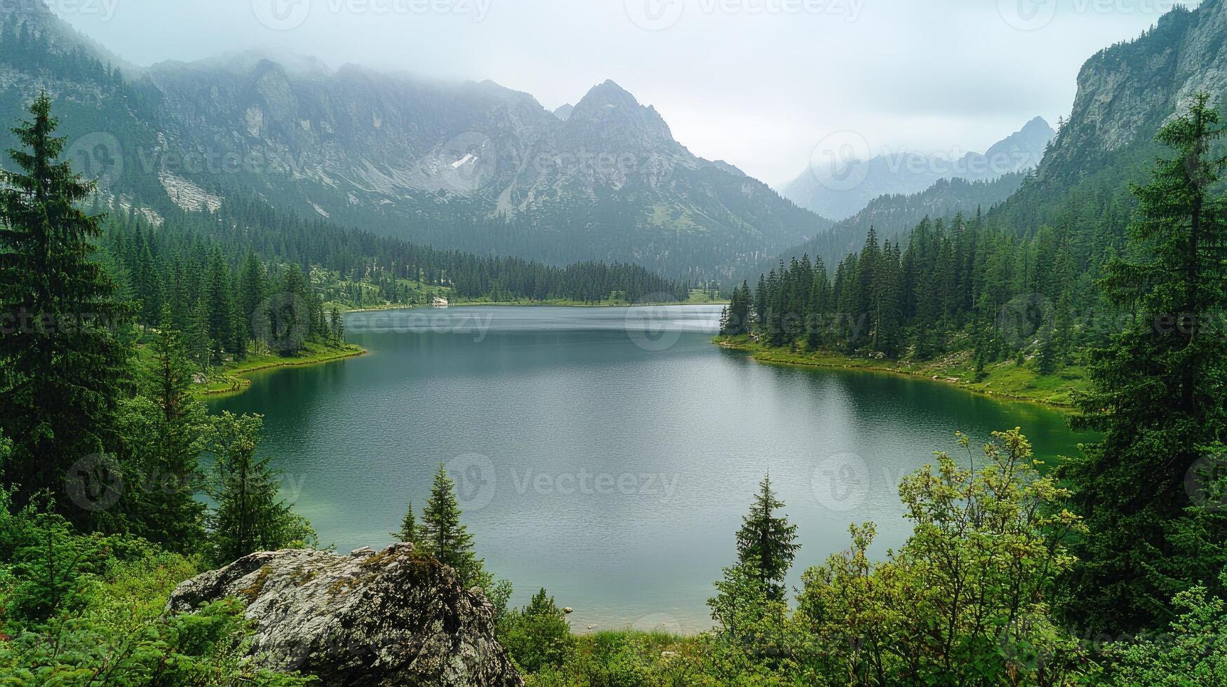 Beautiful mountain lake reflecting surrounding forest and peaks in the austrian alps photo