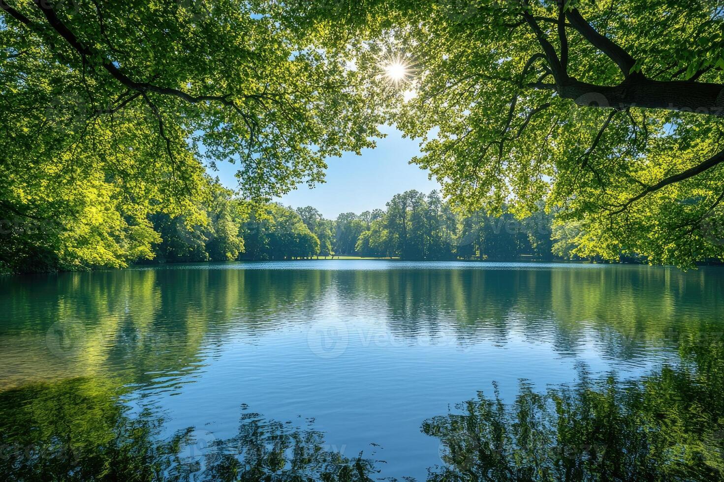 Sun shining through trees over tranquil lake on sunny day photo