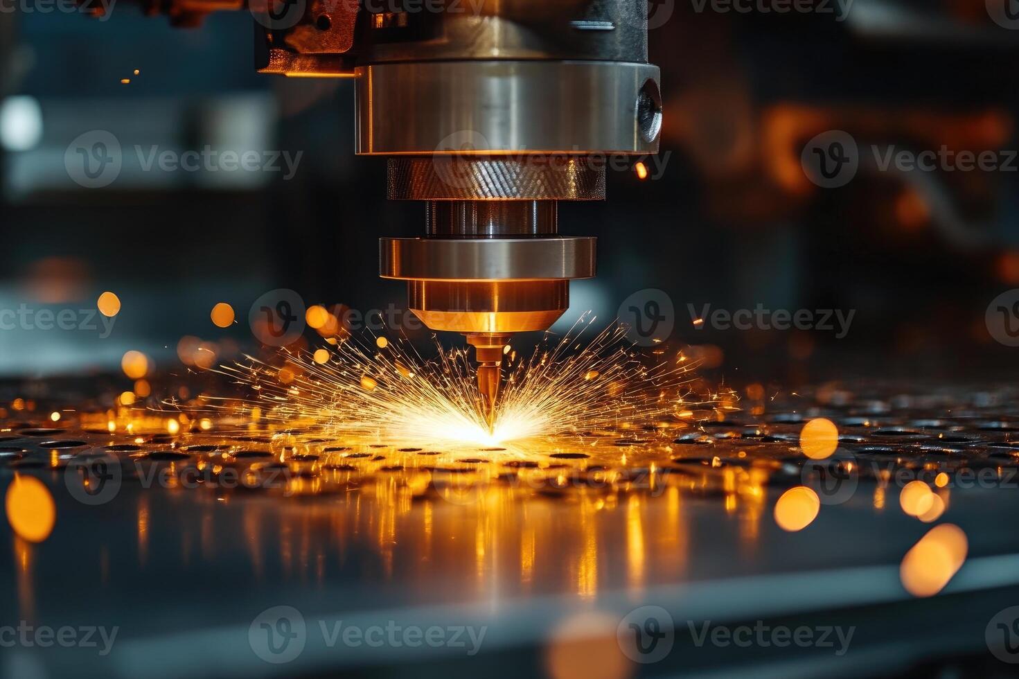 Plasma cutting machine operating on metal sheet in factory photo