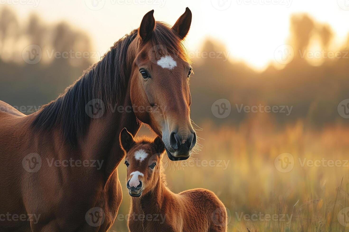 Chestnut mare standing in field with foal at sunset photo