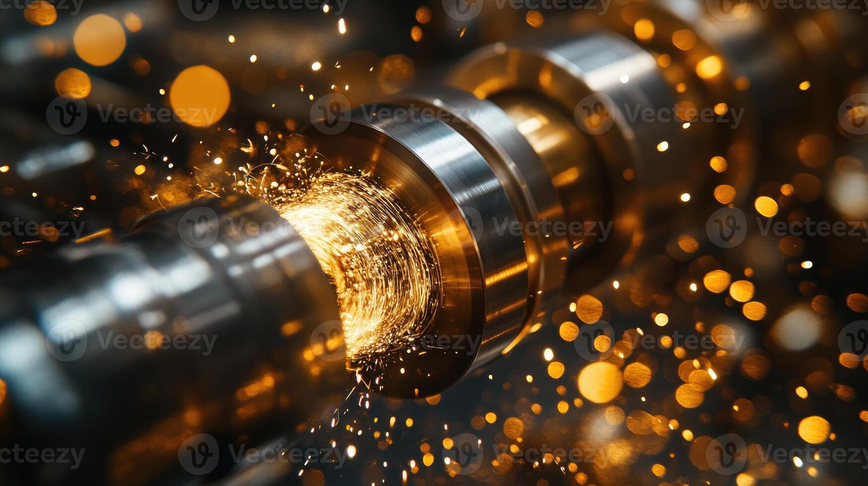 Industrial grinder creating sparks when sharpening metal detail photo