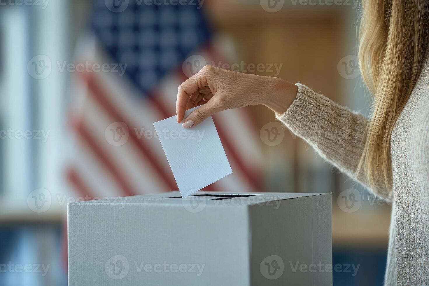 Woman putting ballot paper in vote ballot box at polling station photo