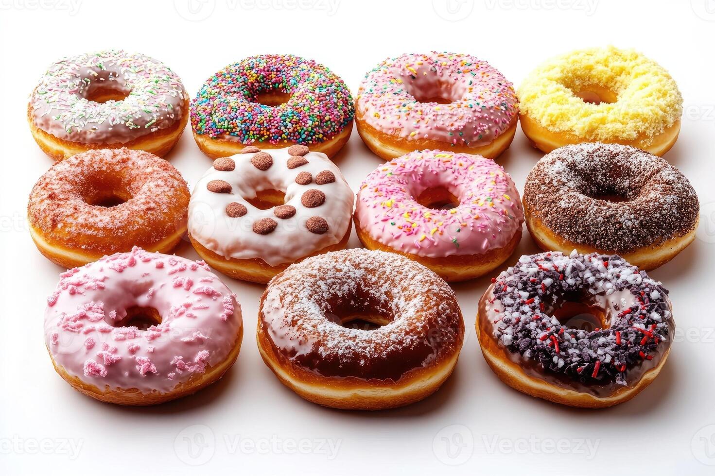 Delicious donuts with glazing and sprinkles forming a grid on white background photo