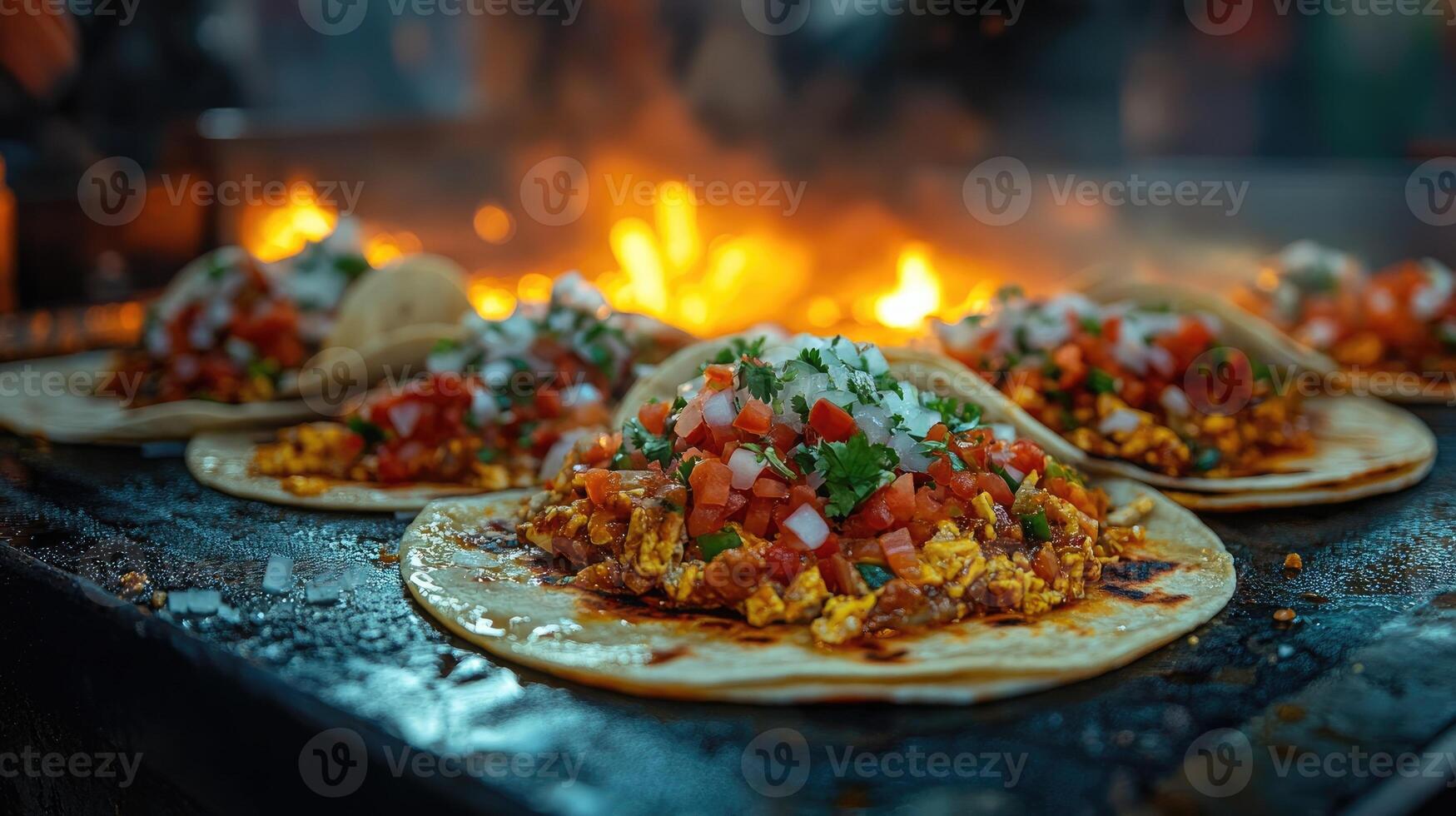 Delicious mexican tacos getting ready on griddle with flames in background photo