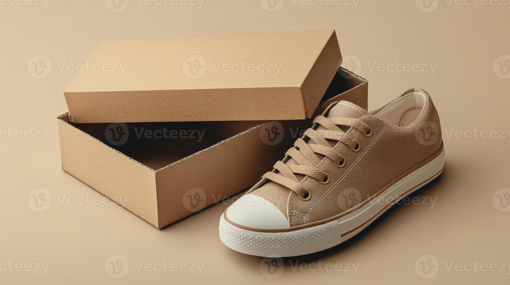 Beige canvas sneaker being unboxed on a minimalist background photo