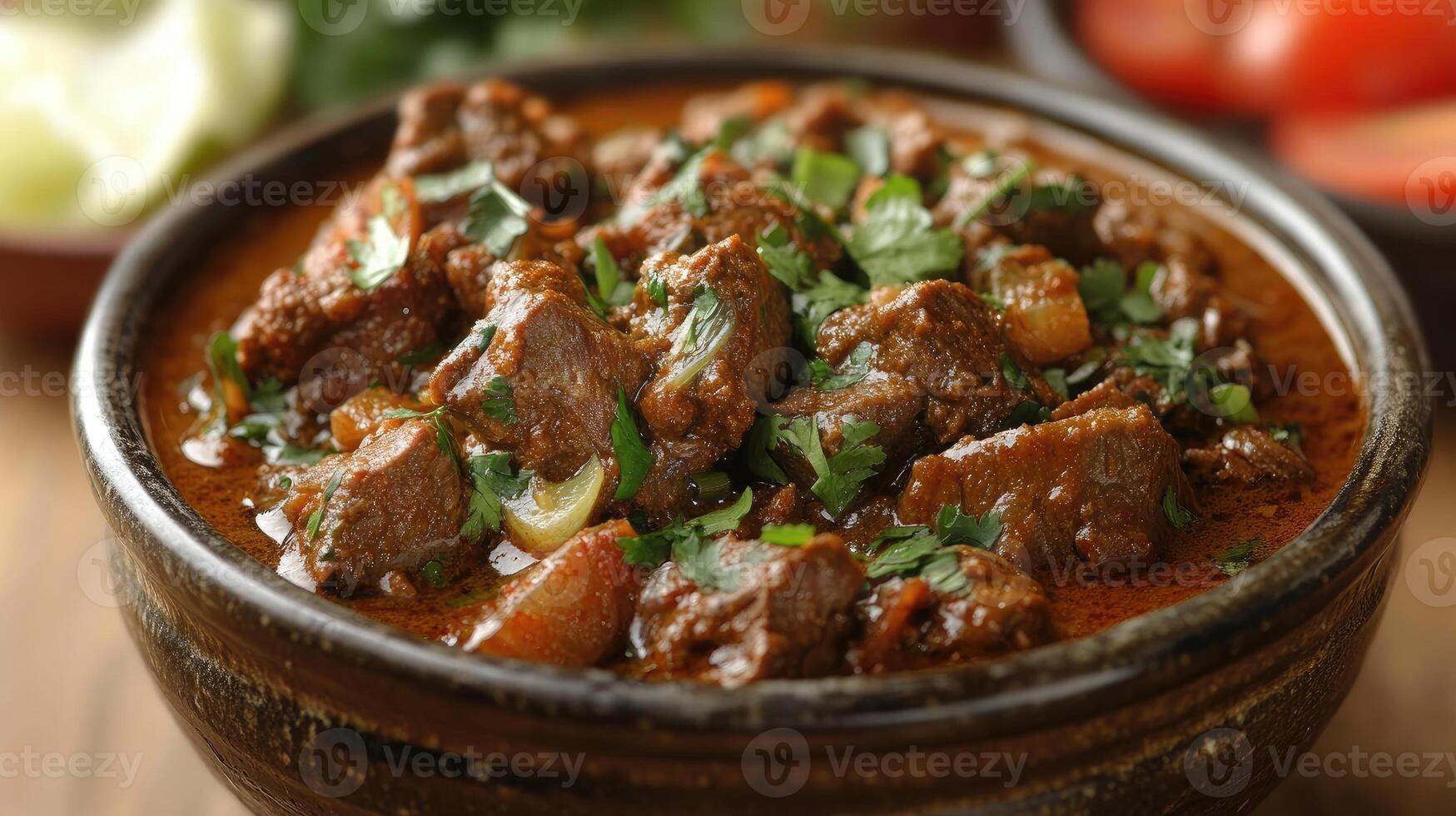 Delicious beef stew simmering in rich sauce, garnished with fresh herbs photo