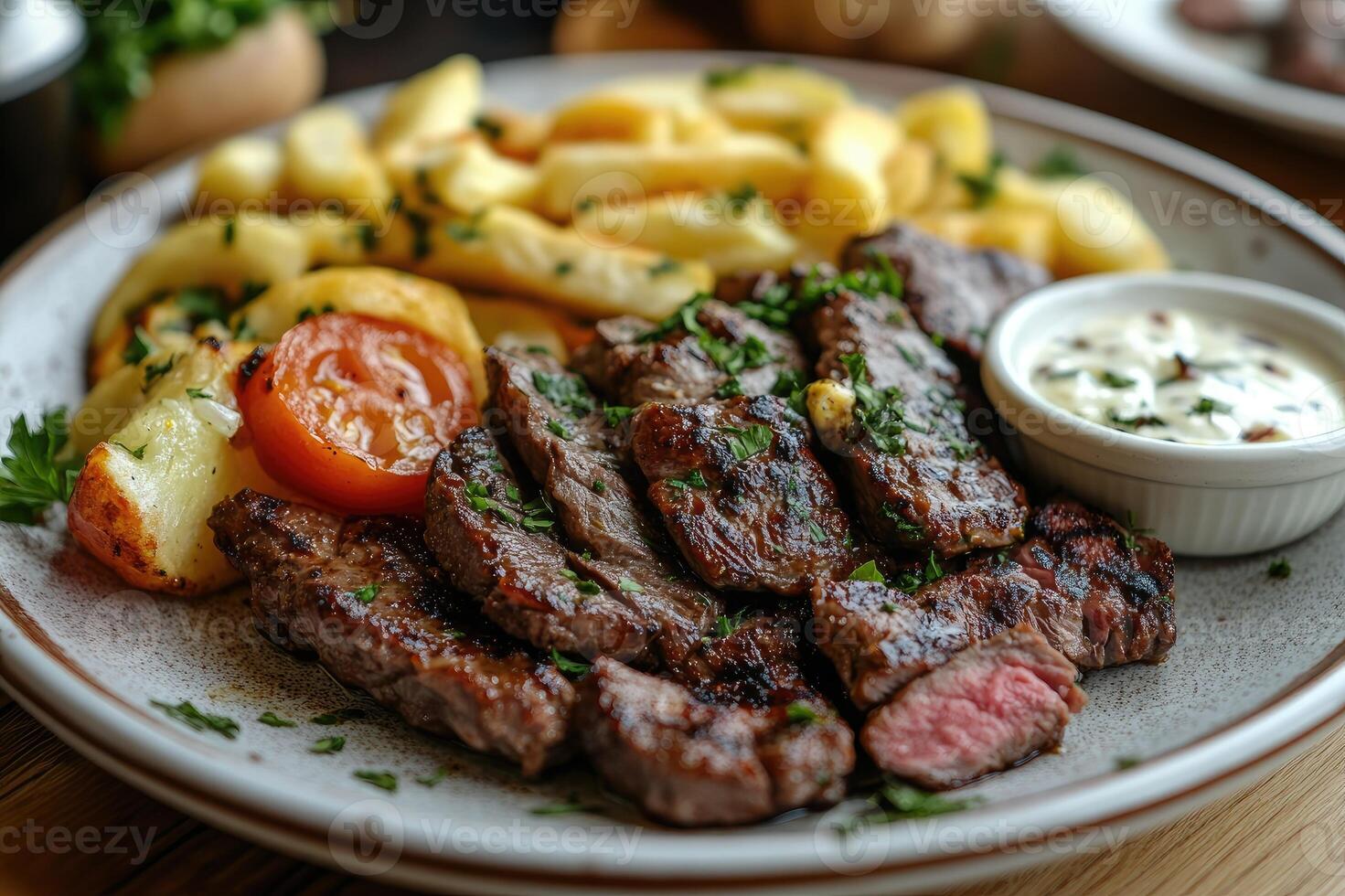 Juicy steak slices served on plate with potatoes and sauce photo
