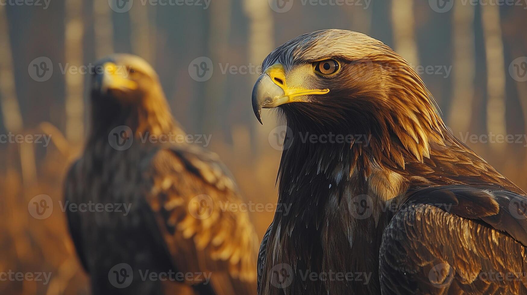 Golden eagle posing on a sunny winter day with forest background photo
