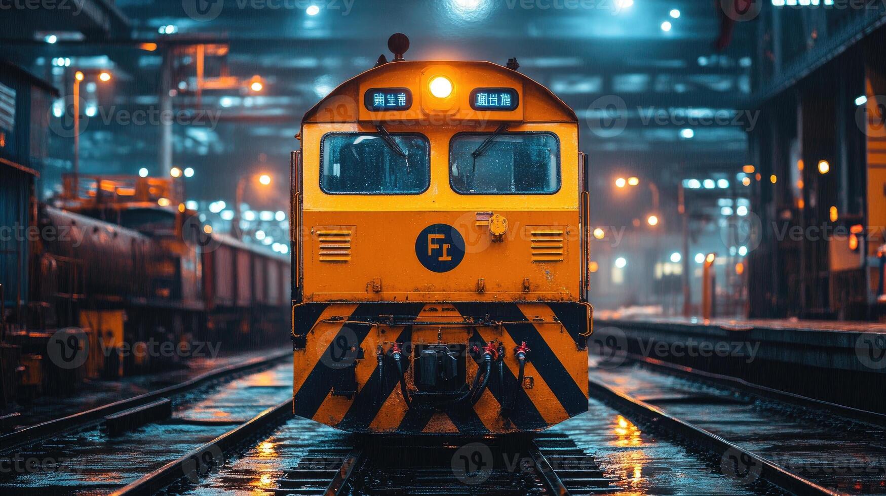Yellow train engine standing on wet rails at night in train station photo