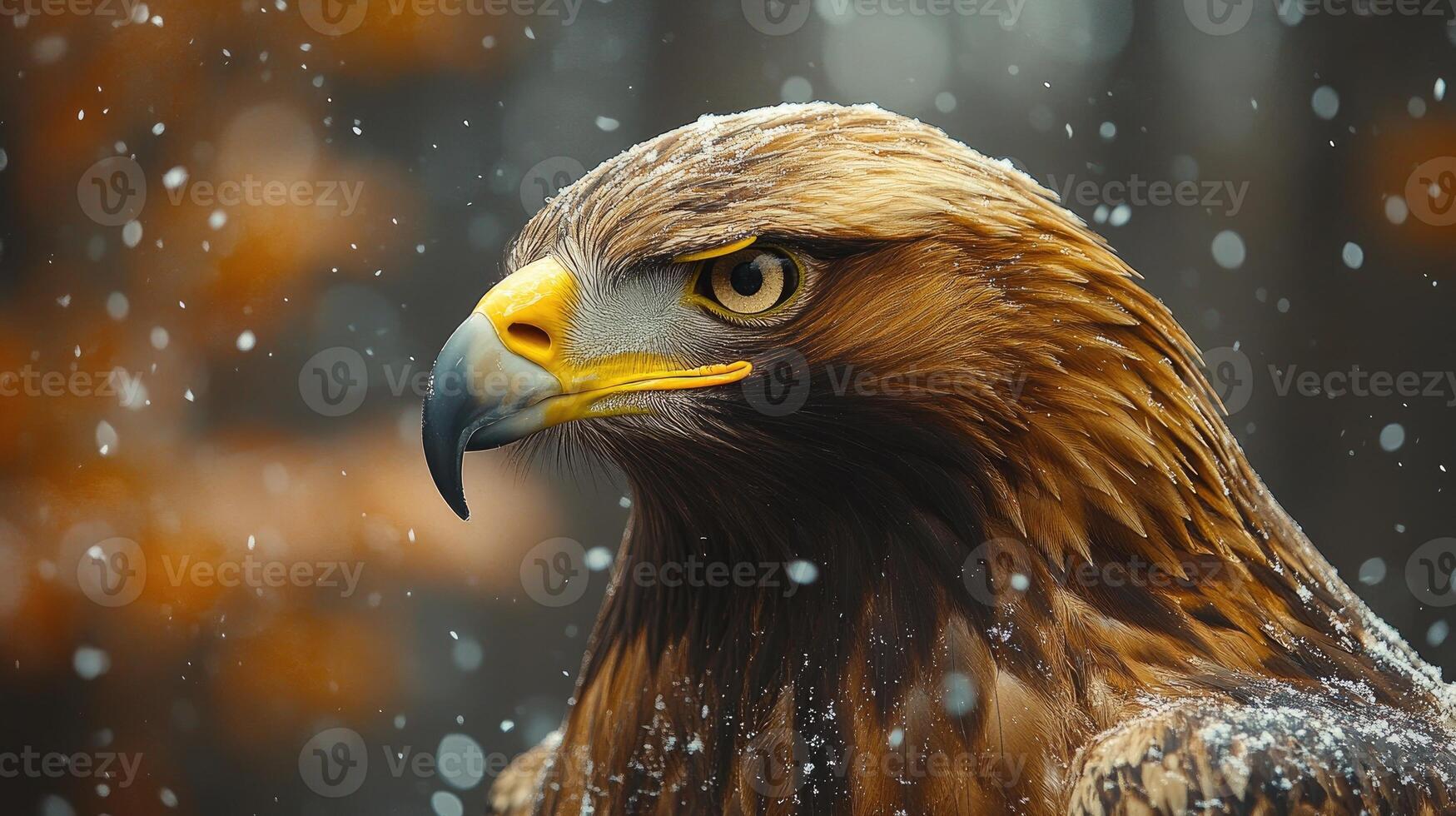 Golden eagle posing during snowfall in autumn photo
