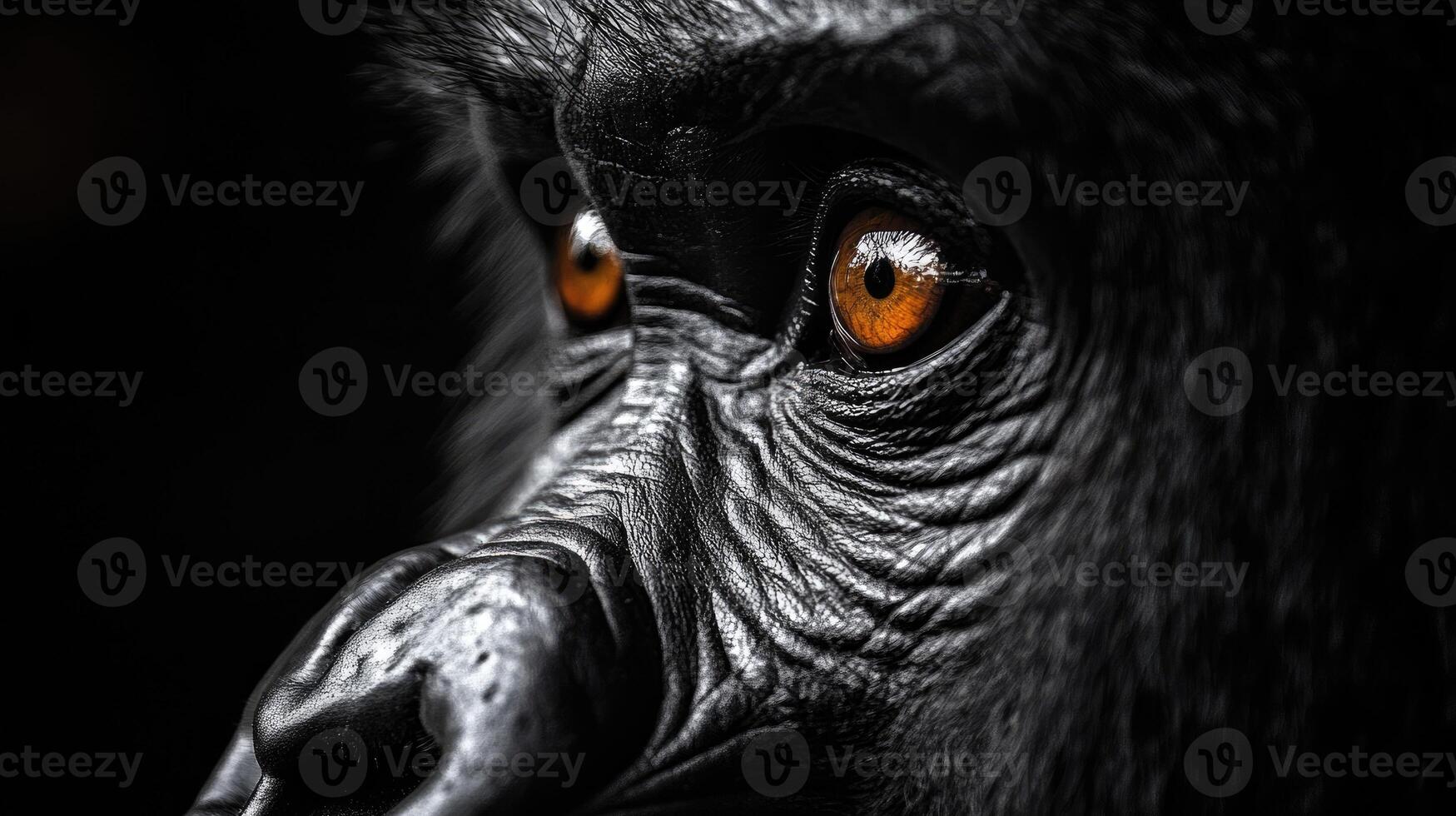 Intense gorilla staring with deep orange eyes photo