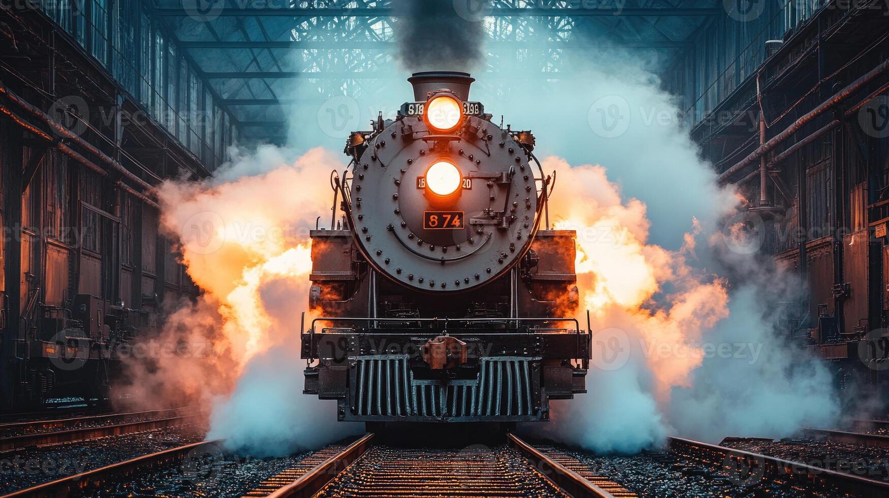 Powerful steam engine pulling away from station with bright headlight photo