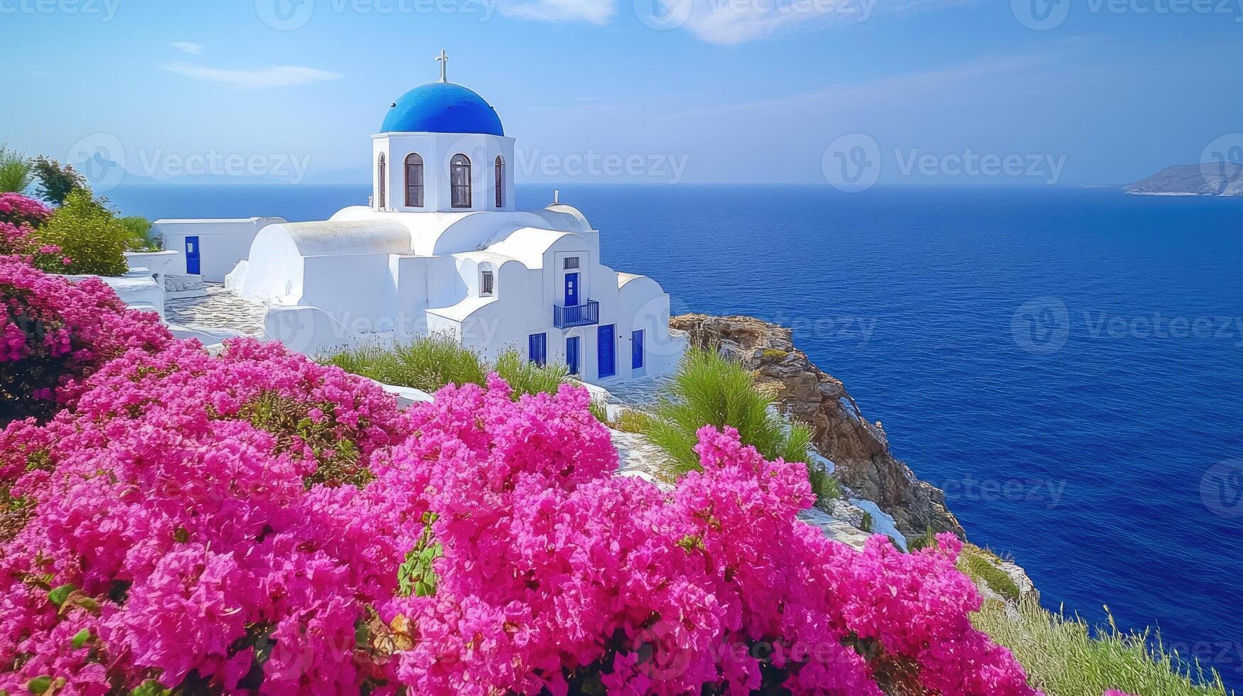 White church on santorini island overlooking aegean sea with pink flowers photo
