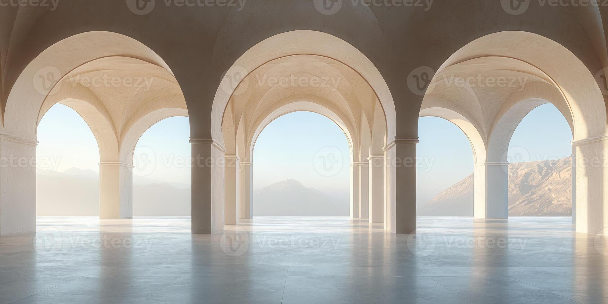 Minimalist architecture building featuring a series of arches framing a mountain view photo