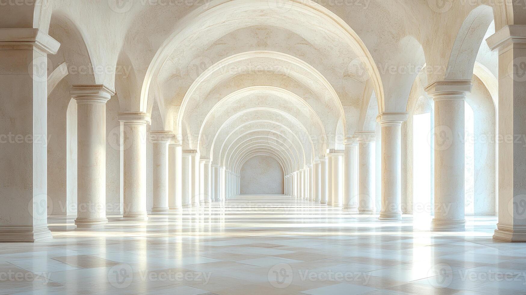 Classical architecture interior with columns forming a hallway leading to the light photo