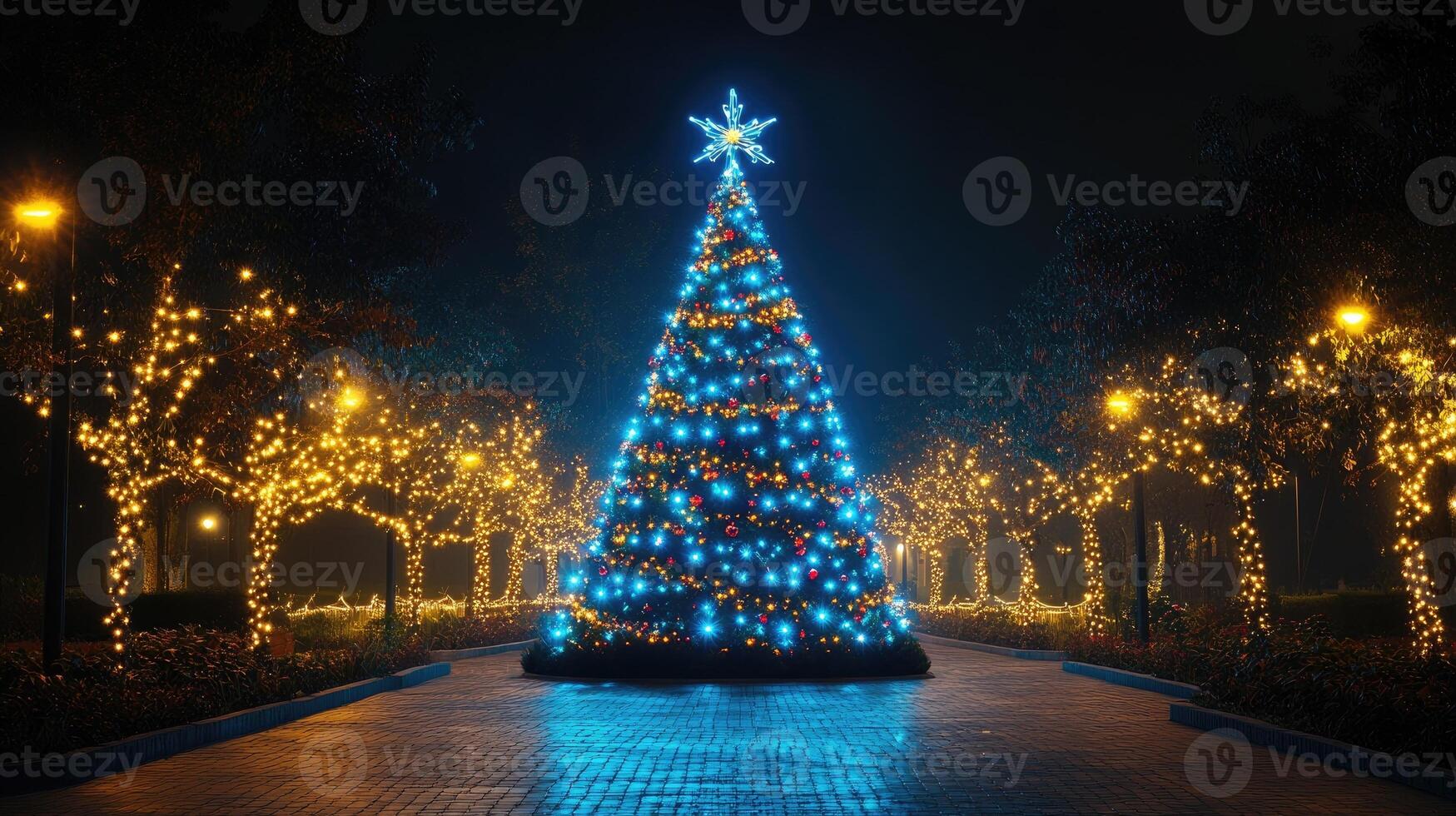 Big christmas tree standing in a park at night surrounded by string lights photo