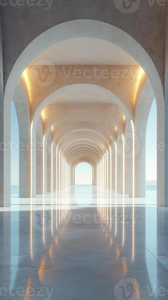 Sunlight illuminating a palace hallway with marble columns photo