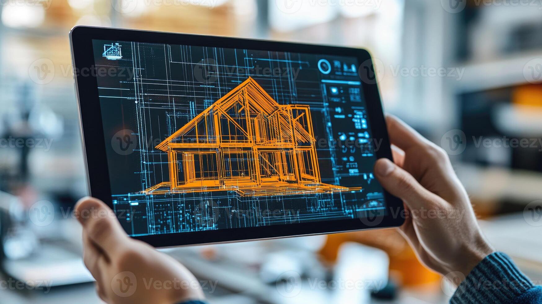 Architect using cad software on a tablet for a 3d house rendering project photo