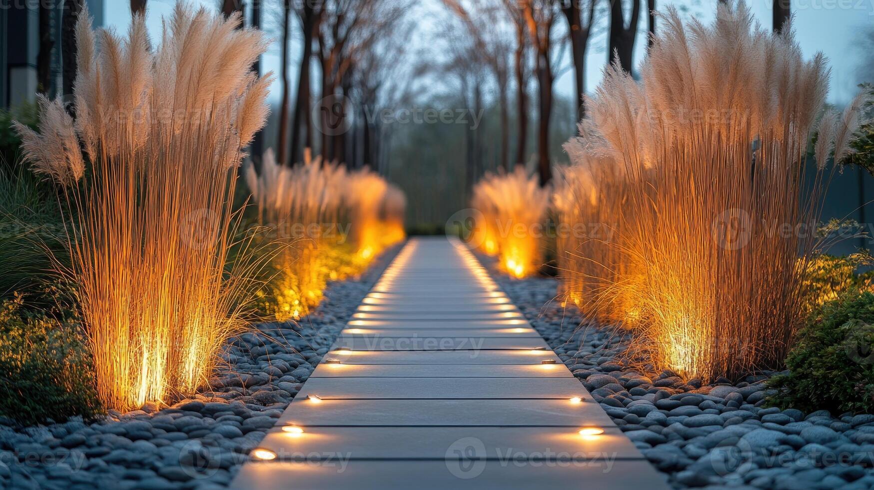 Modern garden path lighting up with warm light at dusk photo