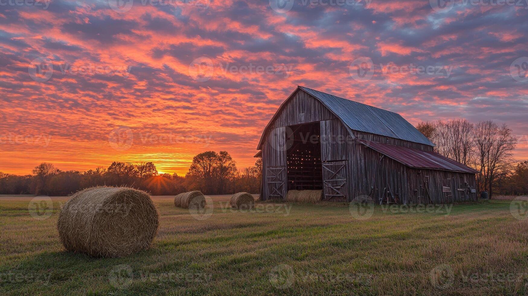 Old wooden barn with hay bales at sunset during autumn photo