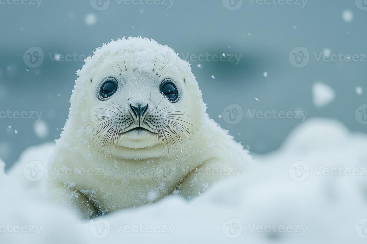 Harp seal pup resting on a snowy expanse photo