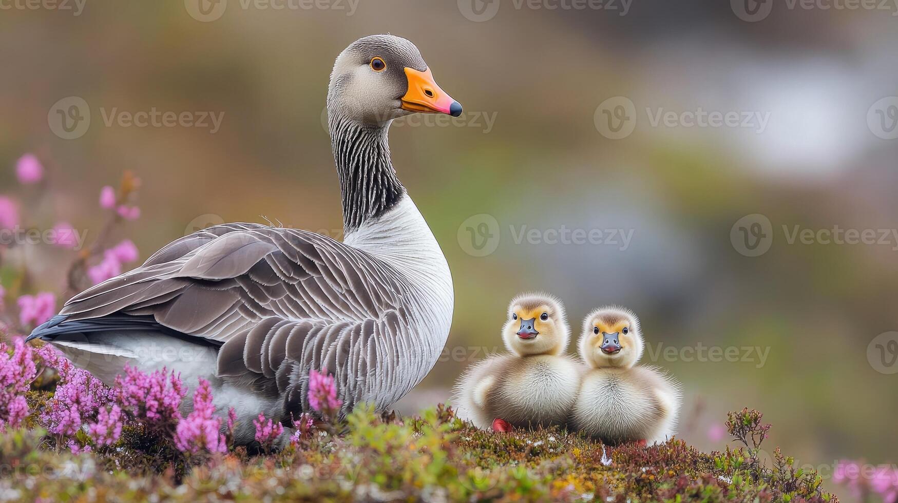 Greylag goose with chicks resting in heather photo