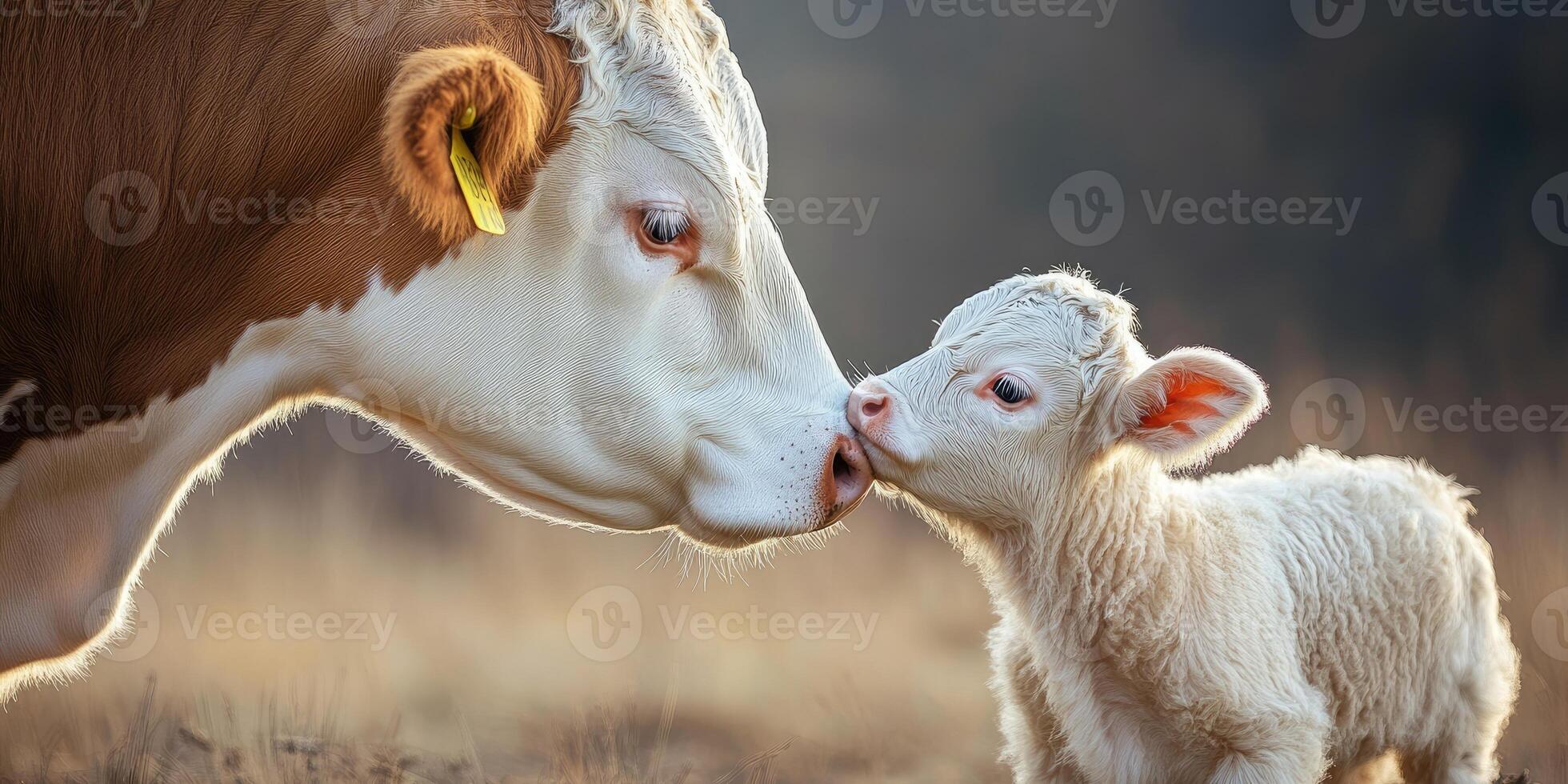 Cow showing affection to calf while standing on field photo