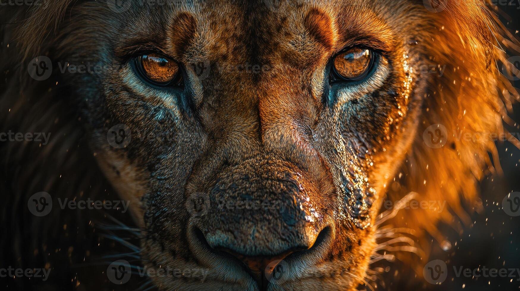 Lion staring with intense eyes in the dark with water droplets on fur photo