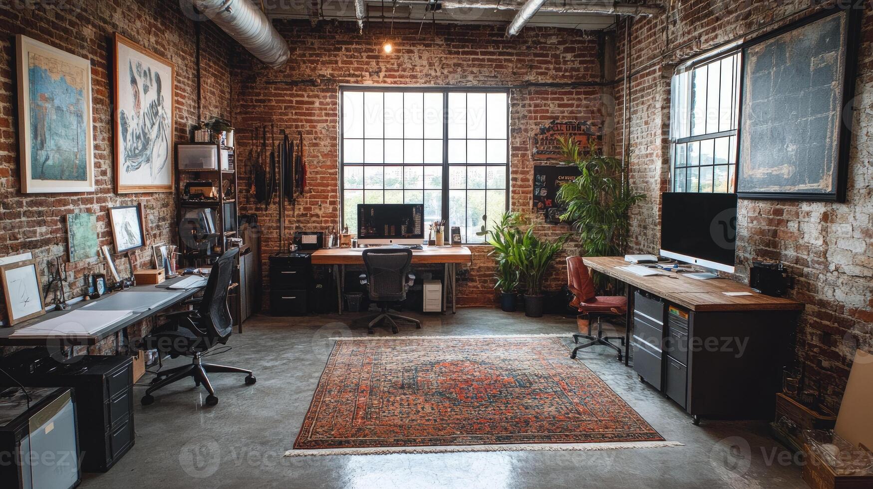 Modern open plan office interior with exposed brick walls and sunlight streaming through windows photo