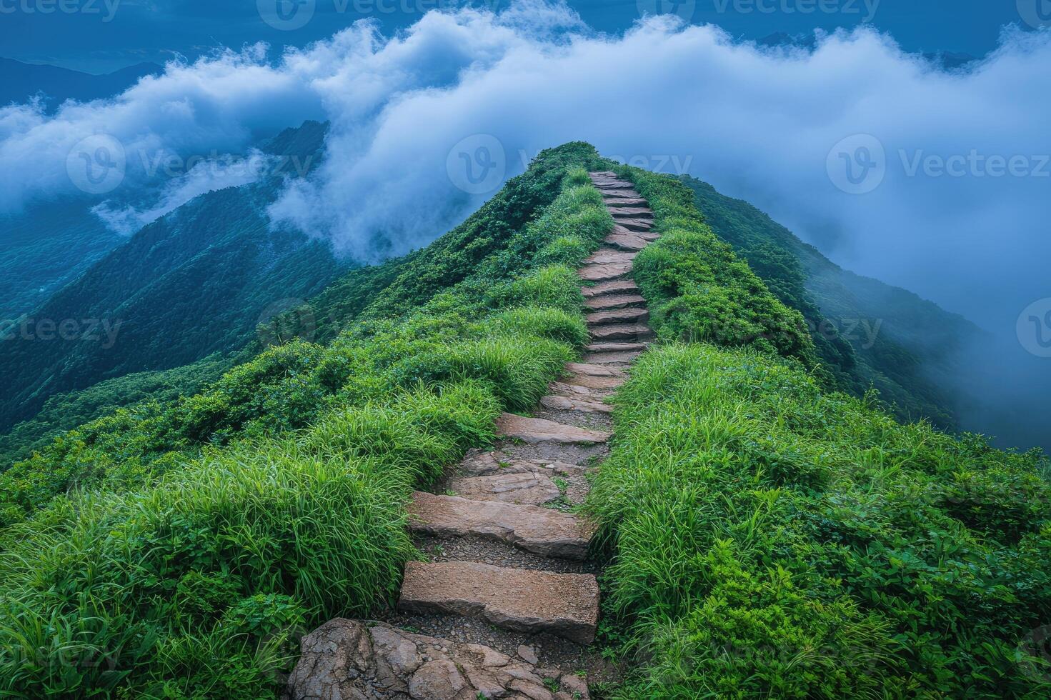 Stone stairway leading above clouds on lush green mountain peak photo