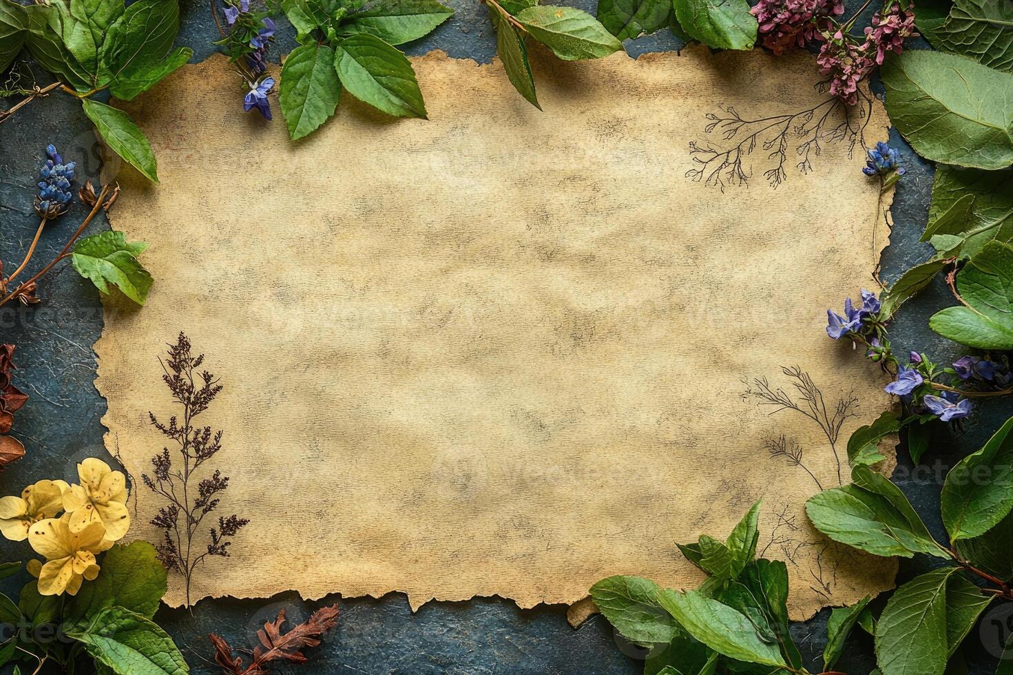 Old parchment paper surrounded by flowers and leaves creating a natural frame photo